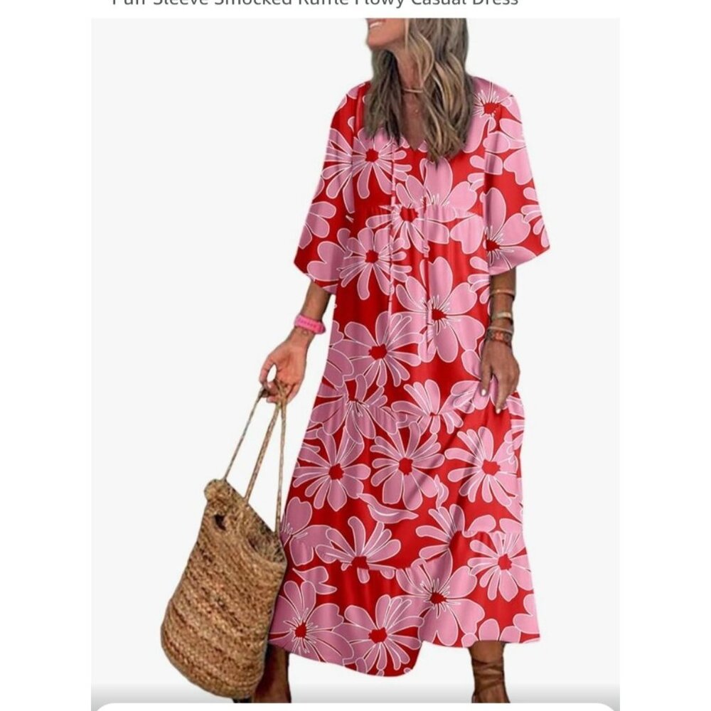Dokotoo Womens Floral Red & Pink Flowy Tiered Maxi Boho Dress Med Beach Casual